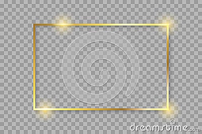 Golden luxury shiny glowing vintage frame with shadows. Isolated on transparent background gold border decoration â€“ vector Vector Illustration